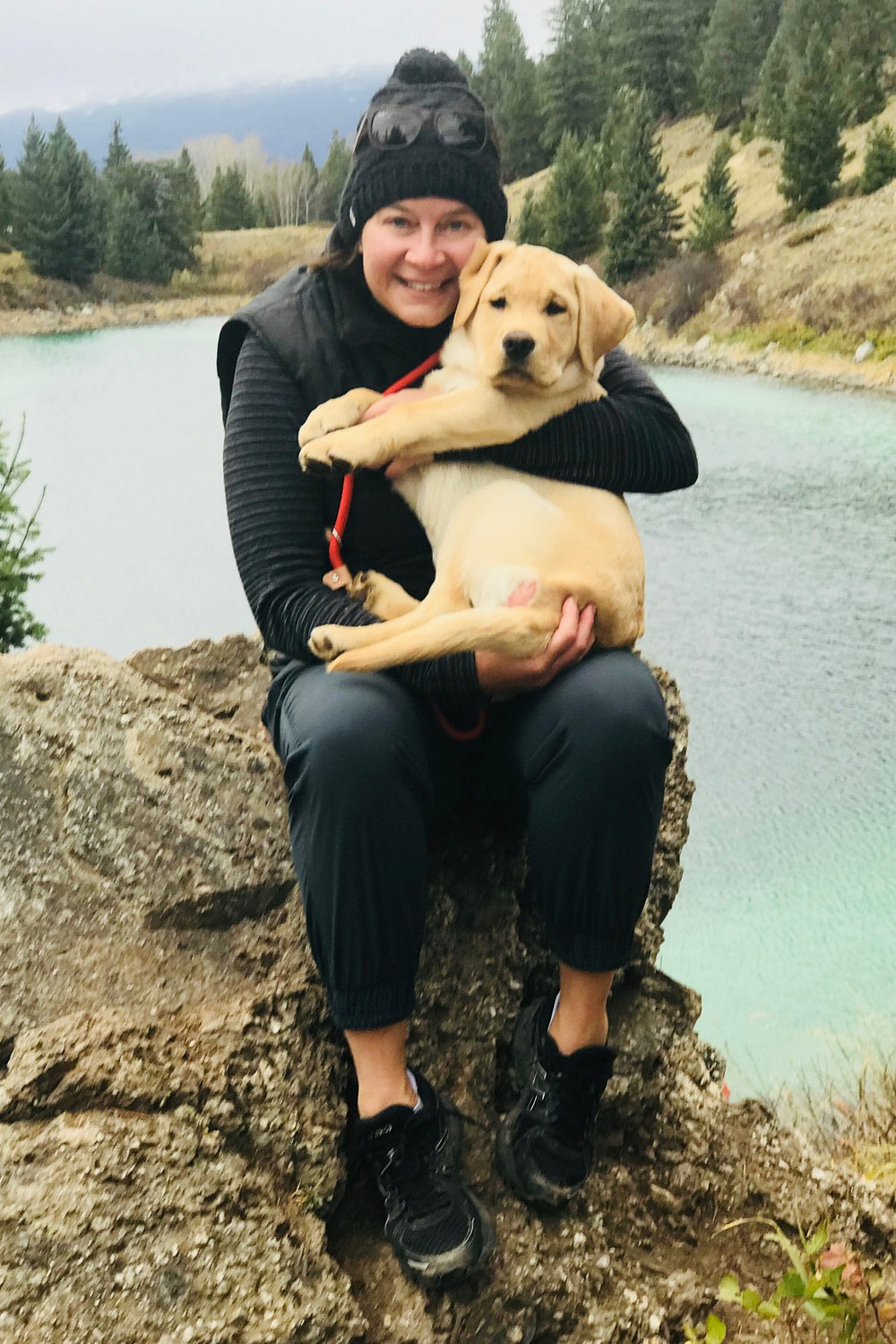 woman holding yellow lab puppy
